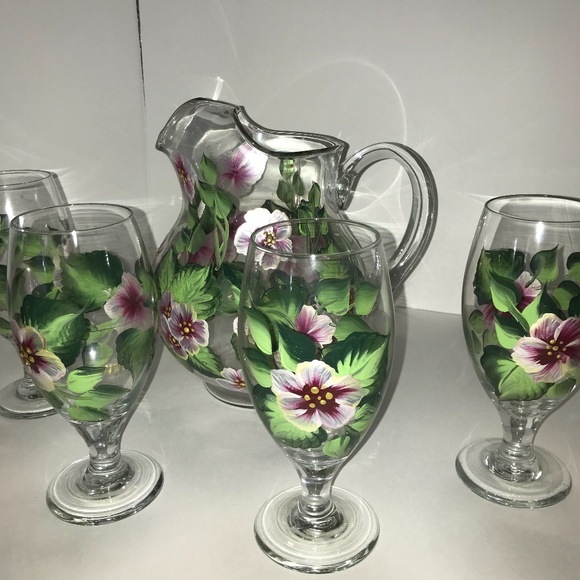 Hand painted by Kathleen HessGlass Pitcher Set